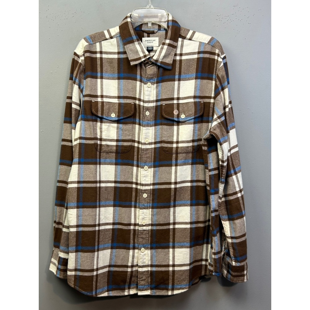 American Eagle Flannel Shirt Men L Tall‎ Brown Plaid Super Soft Button Down